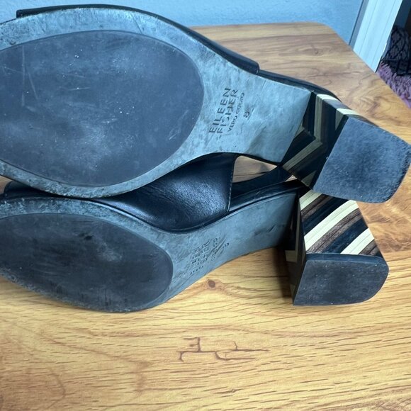 Eileen Fisher Leather Slingback Sandals Size 8 Open Toe Italian‎ Black Slip On - Picture 9 of 10